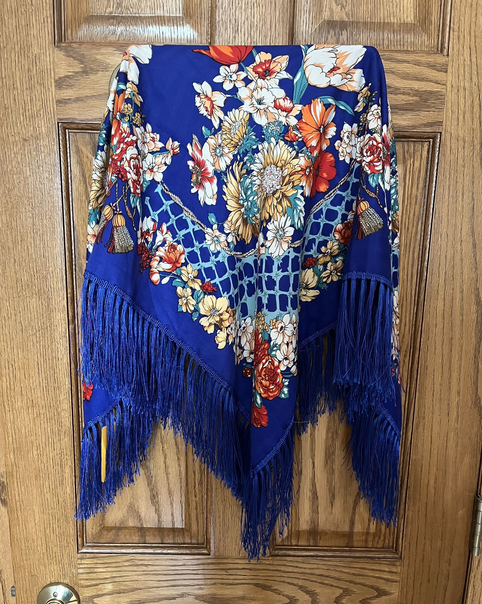 NWT Royal Blue Fringed Floral Sultan Scarf Shawl Headwrap Tablecloth Hippie Boho