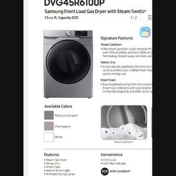 Samsung Reversible Side Swing Door Stackable Steam Cycle GAS Dryer (Platinum)