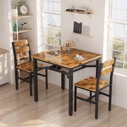 Dining Table for 2, Wooden Dinner Table Sets, 3-Piece Industrial Square Dinette Set for Dining Room, Small Space, Brown