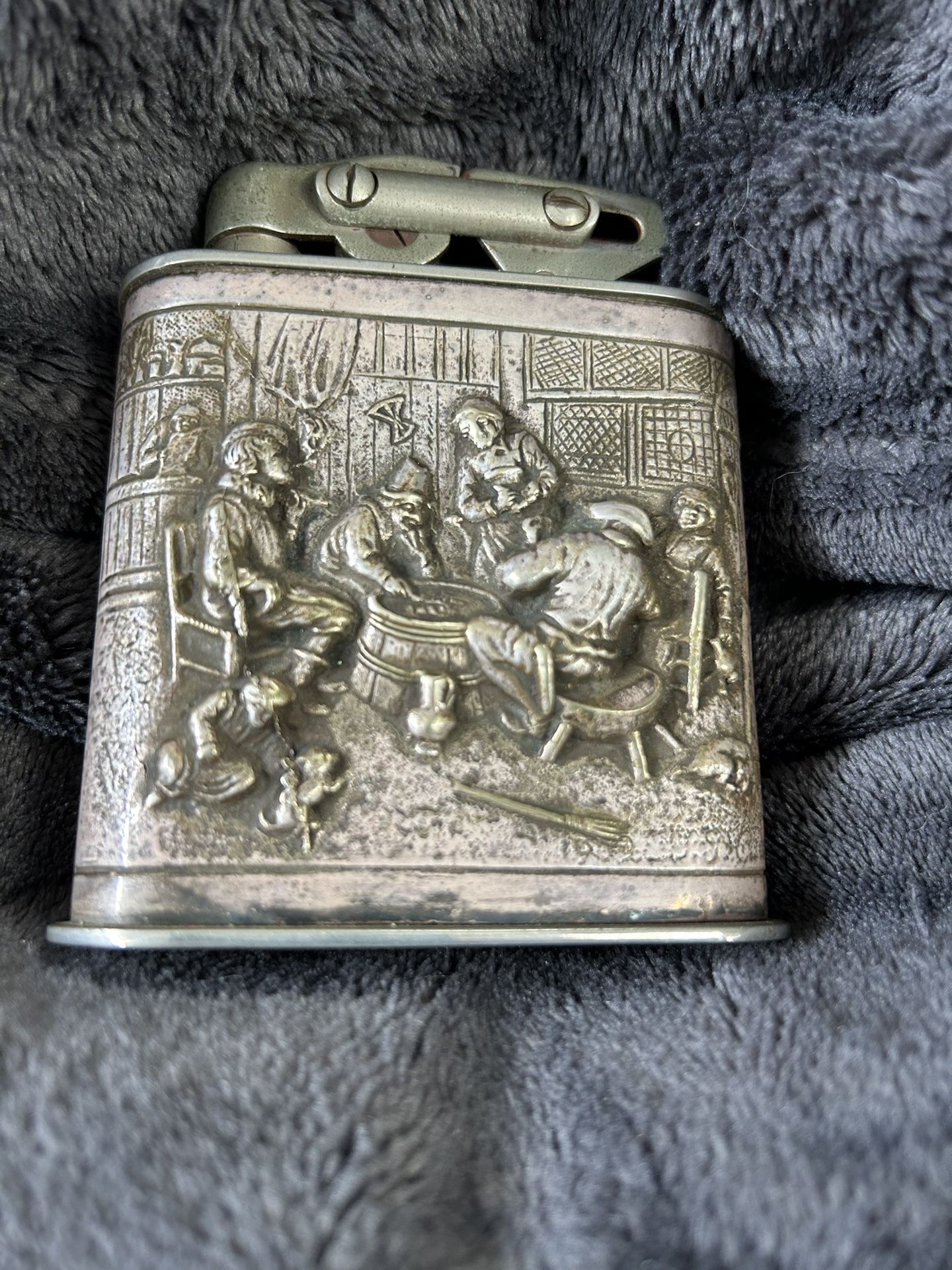 Vintage Table Lighter Silver Plated Brass Pub Scene