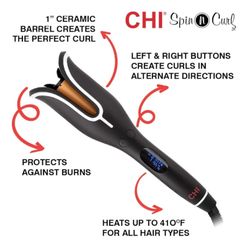 CHI Spin N Curl, Curling Iron For Healthy & Shiny Effortless Curls & Waves, Provides Preset Temperature Settings For Each Hair Texture, Onyx Black
