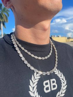 14k solid white and rose gold Bussdown diamond vvs baguette and round natural stones two tone necklace chain iced out Thumbnail