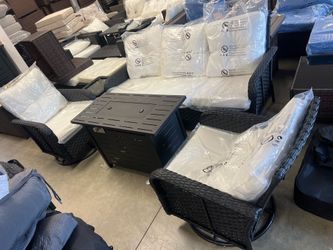 New, outdoor patio set with fire pit table, swivel chair, bench and side table