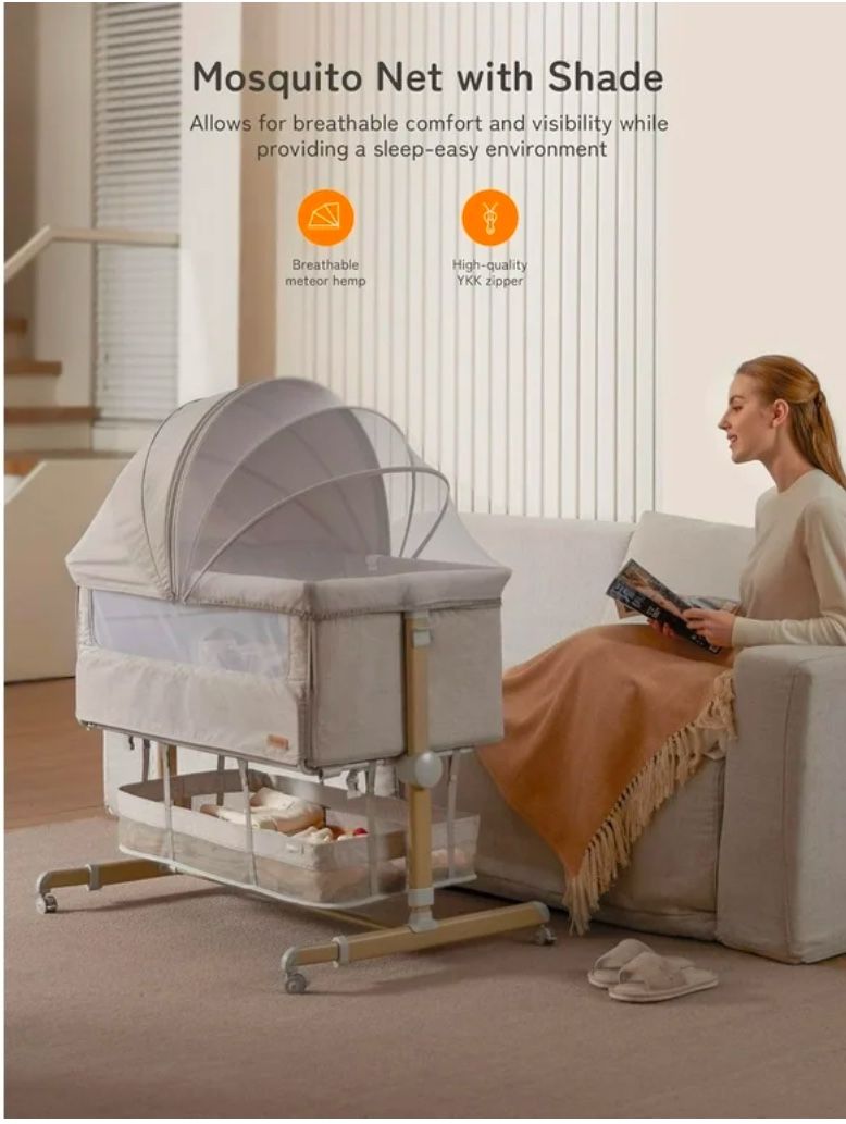 Besrey bedside crib with Adjustable Heights, Mattress