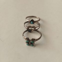 3 Sterling Silver Rings. With Turquoise
