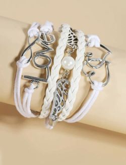 6 LEFT Gorgeous NEW Leather Love, feather and hearts clasp Women’s Fashion Jewelry Bracelet