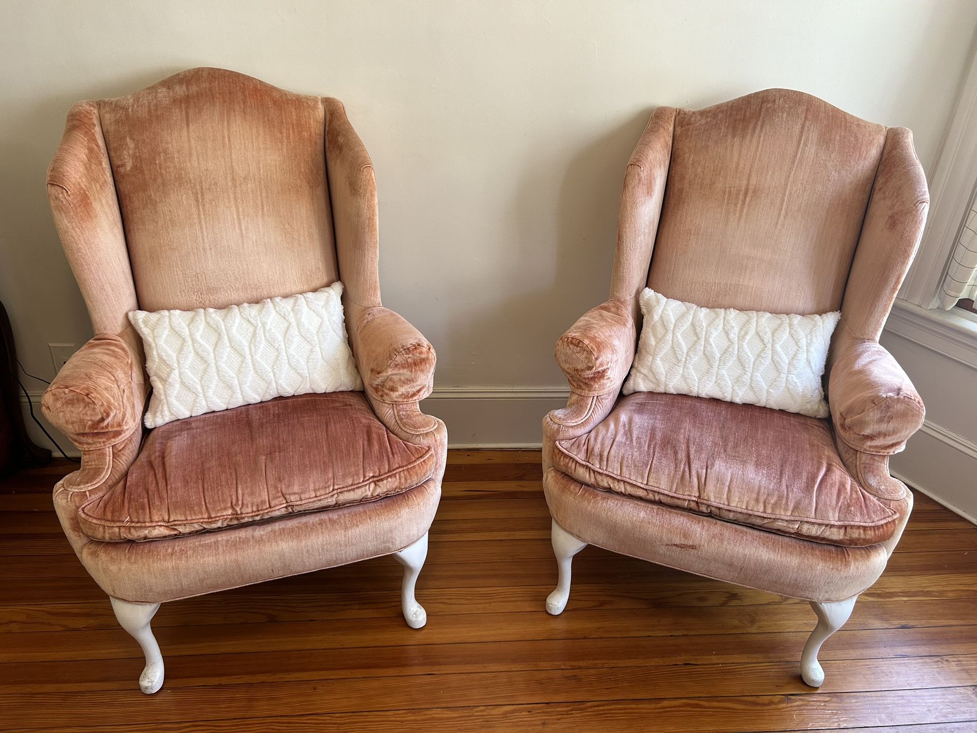 2 Antique Velvet Salmon Colored Chairs