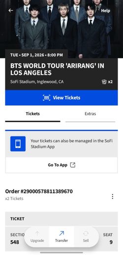 2 BTS ARIRANG Tickets SoFi Sep 1 Section 548