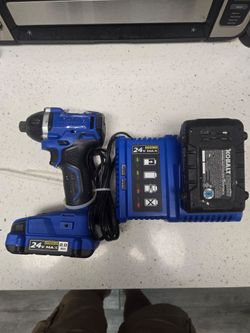 Kobalt 24 volt cordless drill, charger and 2 batteries. Used twice.