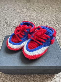 Handmade Crochet Baby Sneakers – Red/Blue/White – Soft Infant Booties