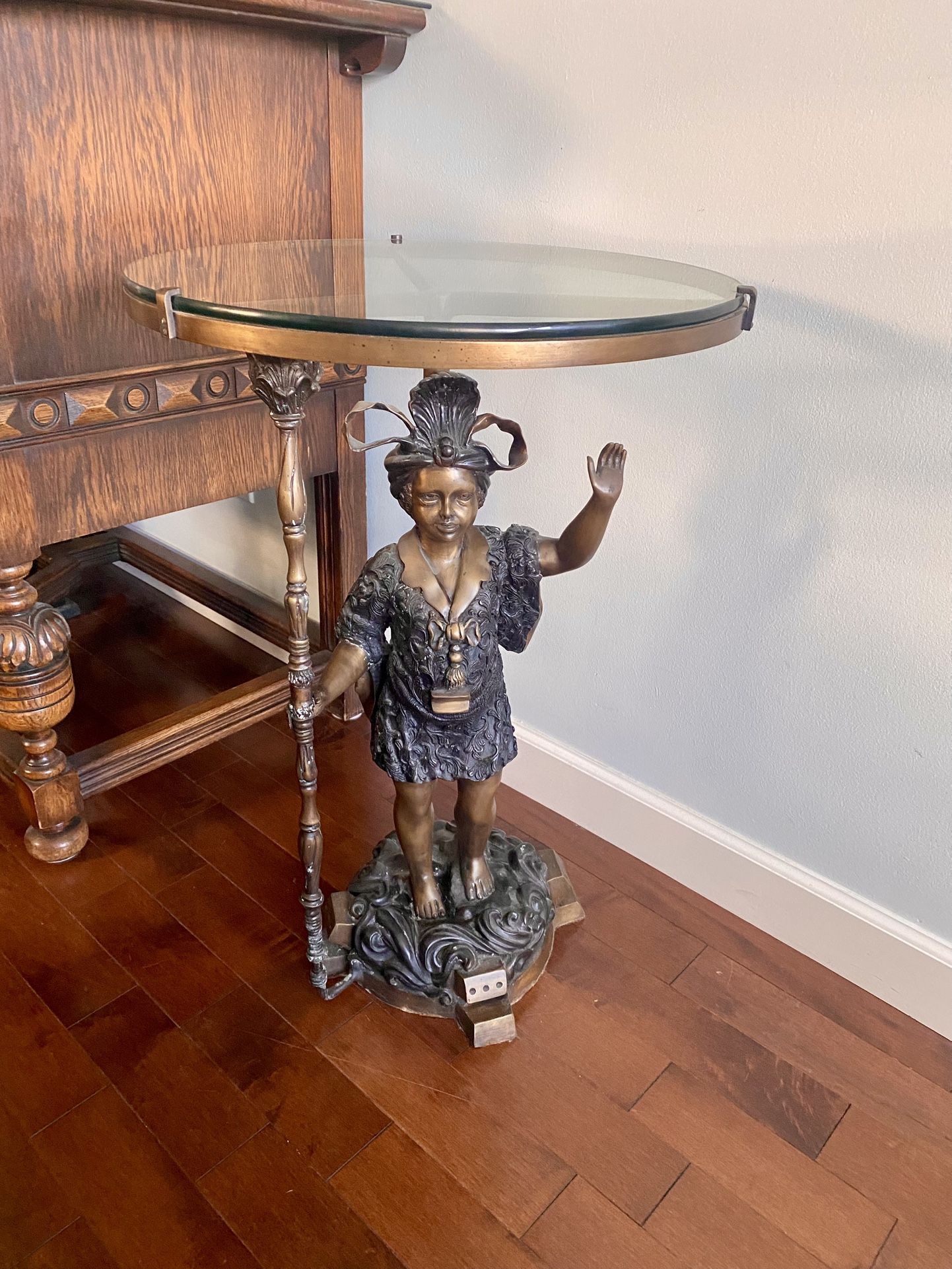 Side Or little Coffee Table With Bronze Base And Glass Top