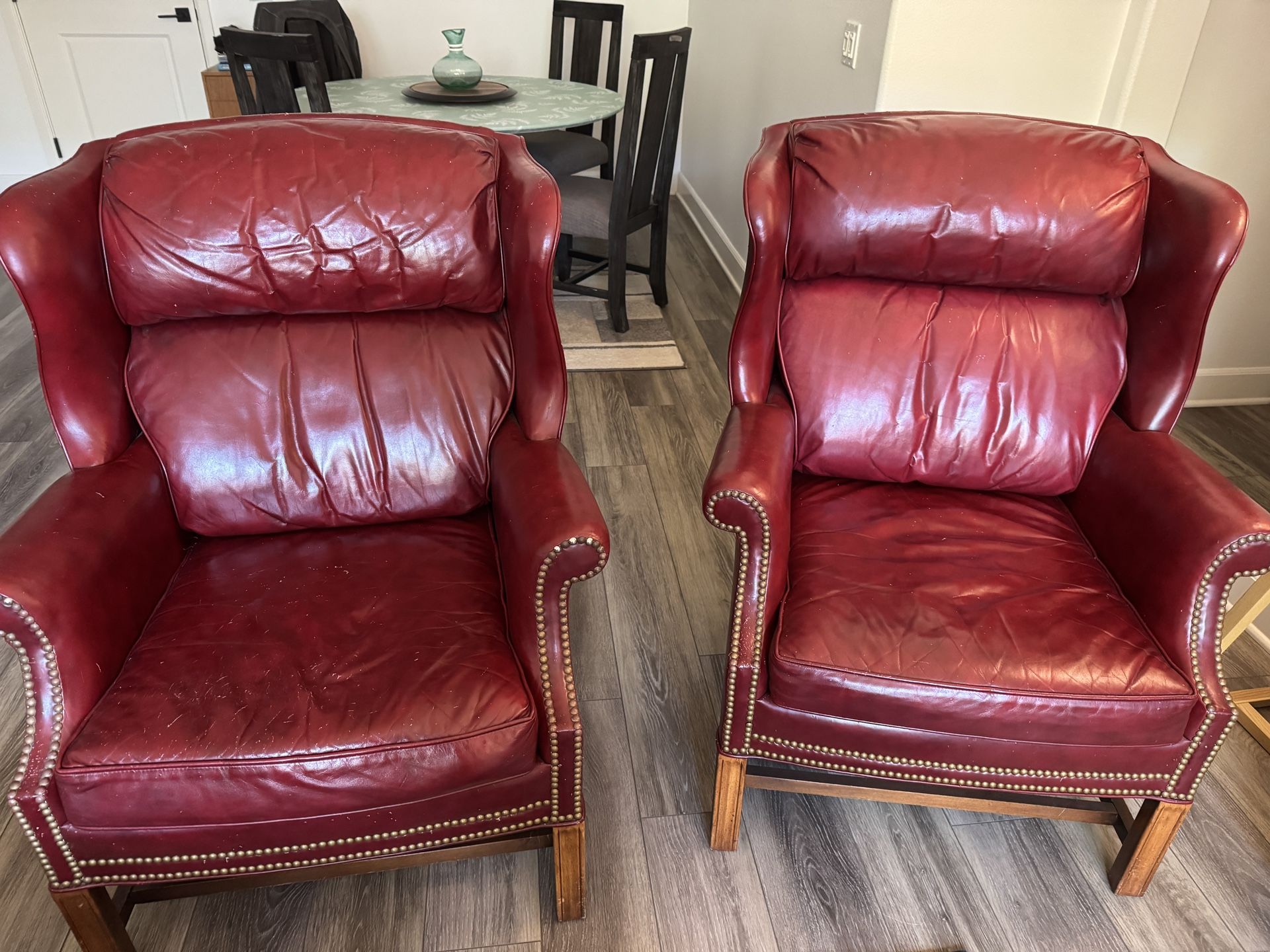 Custom Made Whitemore Sherrill Wing Back Leather Chairs And Ottoman
