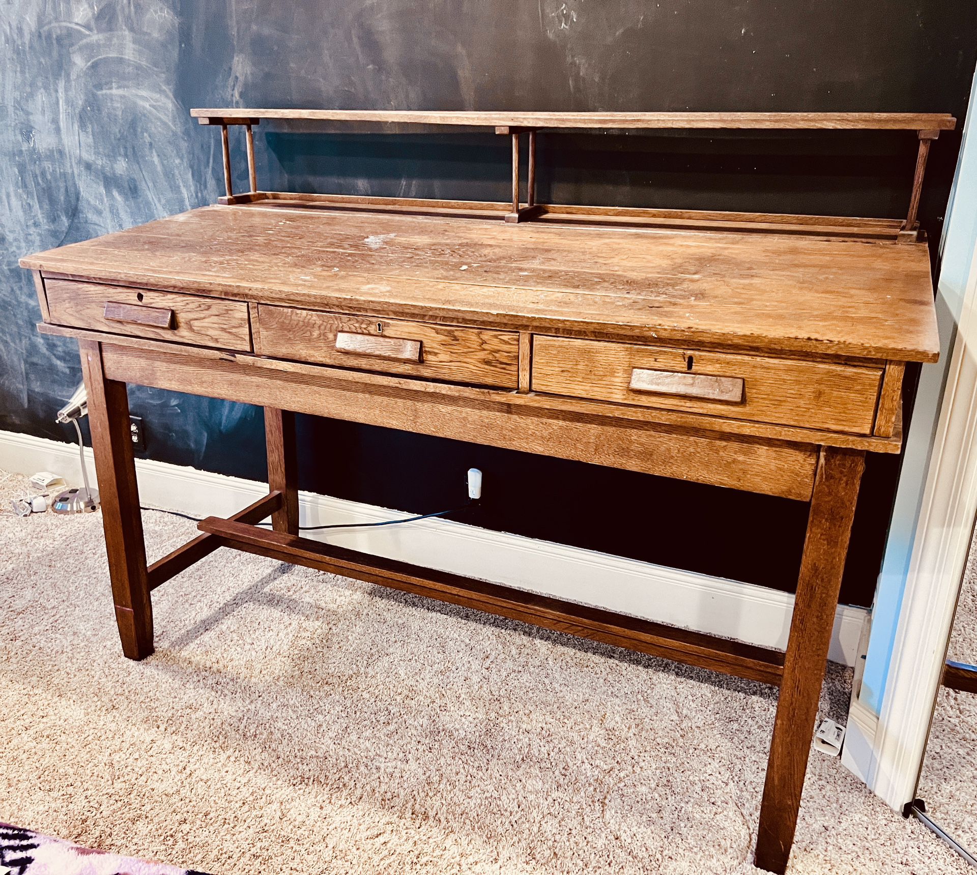Antique Oak Railroad Clerk Standing Desk with Slant Top and Drawers - Early 1900s