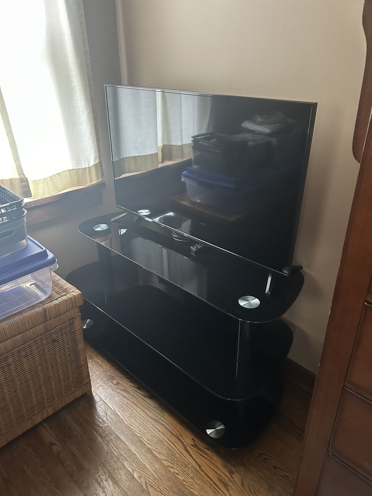 Black Glass TV Stand & TV- $75