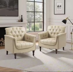 2-Piece PU Leather Accent Chair Set – Modern Armchairs w/ Tufted Back & Nailhead Trim 