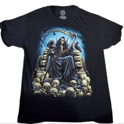 DOM Brand Grim Reaper On Skull Throne Mens Black Lg. T-Shirt Halloween Death