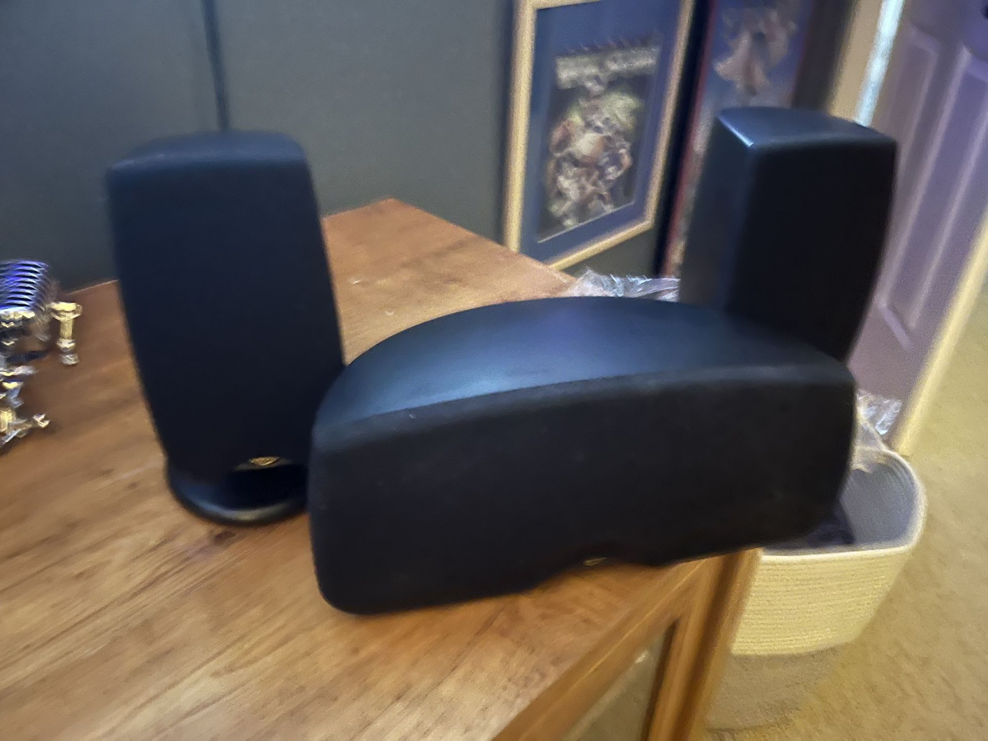Klipsch Front and Rear Surround Sound Speakers. They have spent more time stored than utilized. Photos added of rear tags 4 model & Serial #'s