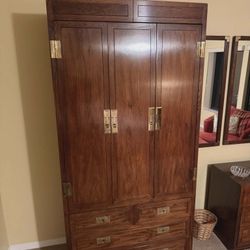 Bedroom Armoire Wardrobe Entertainment Cabinet HENREDON Fine Furniture Mahogany Walnut Oak Wood Scene One Campaign Style Mid Century Modern