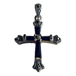 Garnet Gem Fine Art Marcasite Necklace Cross Pendant Solid 925 Sterling Silver Burgundy Gemstones UNISEX Men Women Crucifix Exclusive