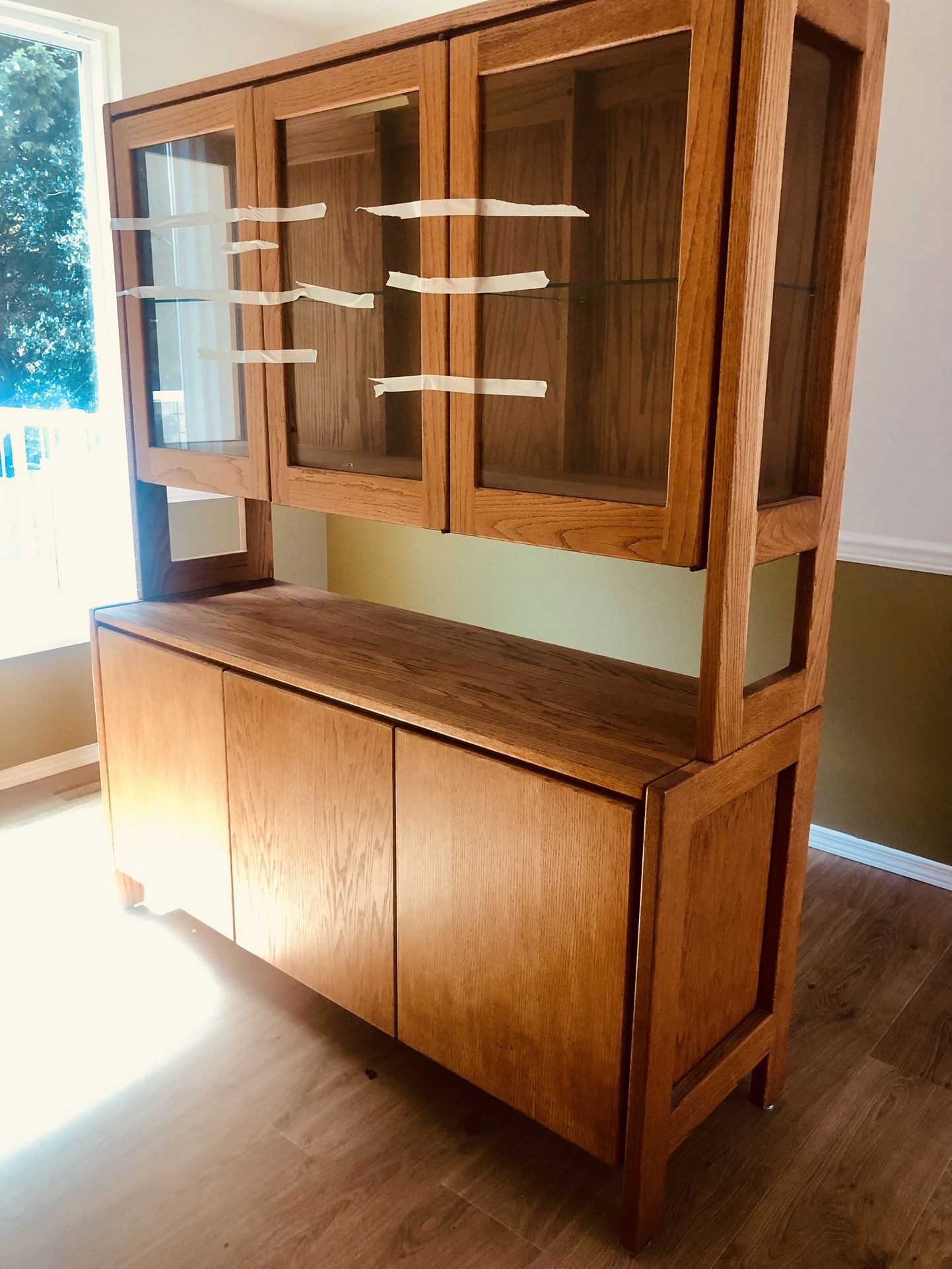 Oak Hutch (with Lights) & Side board (2 Pieces)