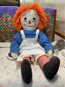 Vintage Raggedy Ann Doll Toy 24” Tall Blue Dress I Love You Heart Restored