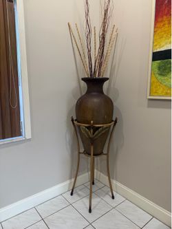 Large Decorative Floor Vase with Metal Stand – $60 OBO