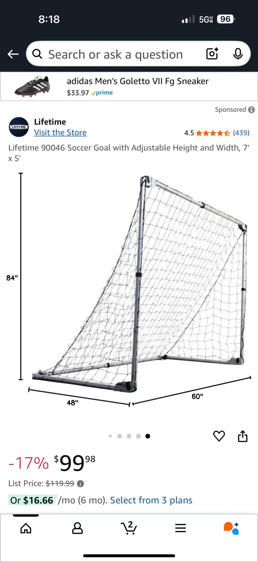 Lifetime 90046 Soccer Goal with Adjustable Height and Width, 7' x 5'