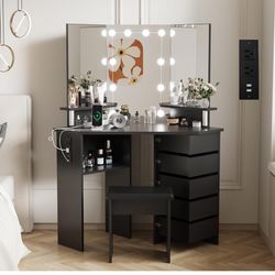 Read First)Makeup Vanity Desk with Lights & Power Outlet,