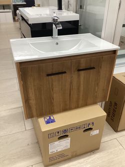 30” Bathroom Vanity with ceramic Top and Sink integrated Softclose doors wood color Wallmount cabinet ready for pick up