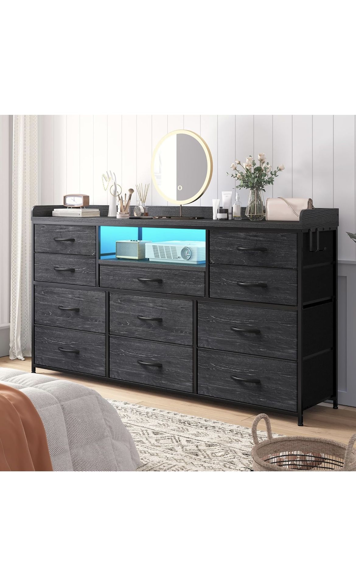 Dresser TV Stand with 11 Drawers for 60" TV Stand for Bedroom with LED Lights & Power Outlets Long Dresser for Bedroom with Shelves & 4 Hooks Sturdy M
