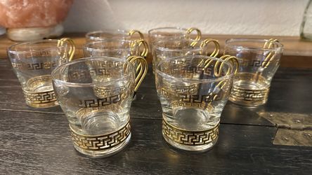 Set of 8 Glass Coffee/Tea cups 22k Gold Greek Key Design
