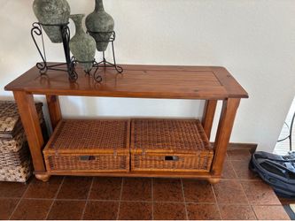 Rustic Wood Console / Sofa Table with Wicker Storage Baskets