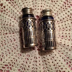 VINTAGE COBALT BLUE, STAINLESS MANTEL SALT & PEPPER SHAKERS 