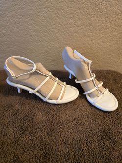 Franco Sarto White Leather Genesis Rhinestone Ankle strap kitten heel sandals