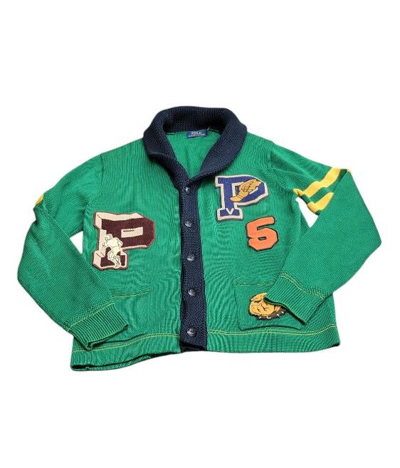 Polo Ralph Lauren Letterman cardigan Mens Large Knitted P-Wing Green Varsity