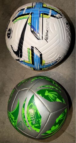 2 Soccer Balls Bundle Nike (White/Blue/Green with Aerowsculpt grooves) Adidas MLS 2025 Club Ball (Silver Metallic/Green 30th Anniversary Edition)