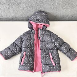 Carter's packable puffy Jacket Size 4T Girl Kid Dot Gray pink hoody coat pre K