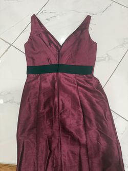 Burgundy Satin Formal Dress with Green Waistband