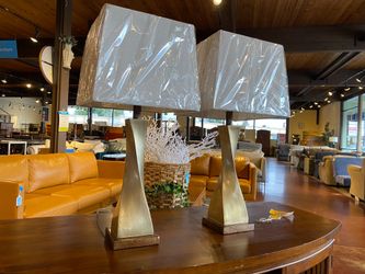 NEW! KAWOTI Shally 27-in Antique Gold 3-way Table Lamp with Linen Shade (Set of 2)