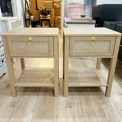 Rattan Nightstand Set of 2, Rattan Decor Drawer with Brass Knobs Night Stand Bedside Table Boho End Tables Side Tables with Storage Shelf for Bedroom,