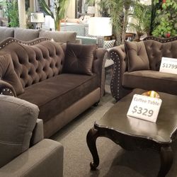 Brand New Brown/Black/Blue Velvet Modern Sofa + Loveseat 2PCs Set
