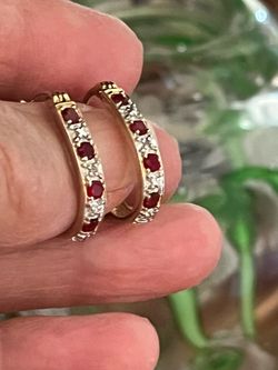 Vintage Sterling Silver and Ruby Hoop Earrings