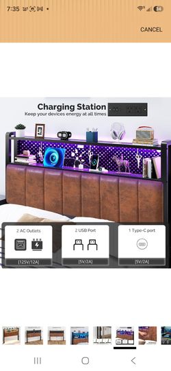 VINGLI twin Size PU Leather Upholstered Headboard Bookcase Head Board for Bed with Storage,Charging Stations and LED Light, 2 Tier Shelves and Pegboar