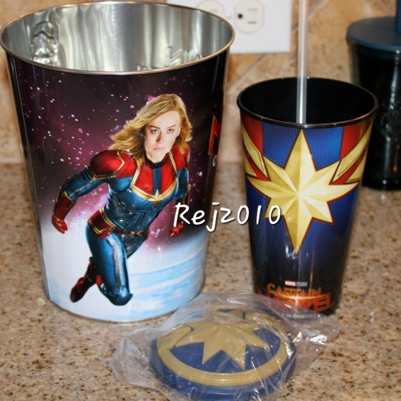 Captain Marvel Movie Cinemark Popcorn Tin Bucket & Cup W/ 3d Dome Lid Ms Marvel