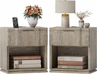 Night Stand Set of 2 with Charging Station, Mid Century Modern Wood Nightstand with Drawer, Bedside Table with Storage, Large Rustic Farmhouse Accent 