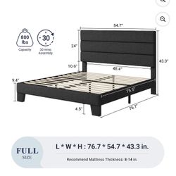 Full Size Platform Bed Frame with Fabric Upholstered Headboard, No Box Spring Needed, Dark Grey