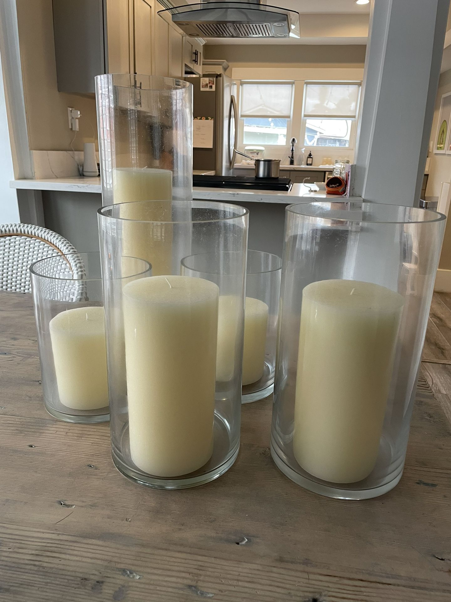Pottery Barn Pillar Candles + West Elm Simple Hurricane Glass Vases