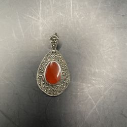 Vintage 925 Sterling Silver Carnelian Marcasite Teardrop Pendant Art Deco Style