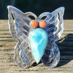 Southwestern Sterling Silver Larimar Coral Butterfly Ring Sz 9.25