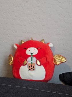 Squishmallows Red gold dragon with boba tea